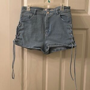 Denim Blvd High-Rise Lace-Up Side Denim Shorts - Light Blue